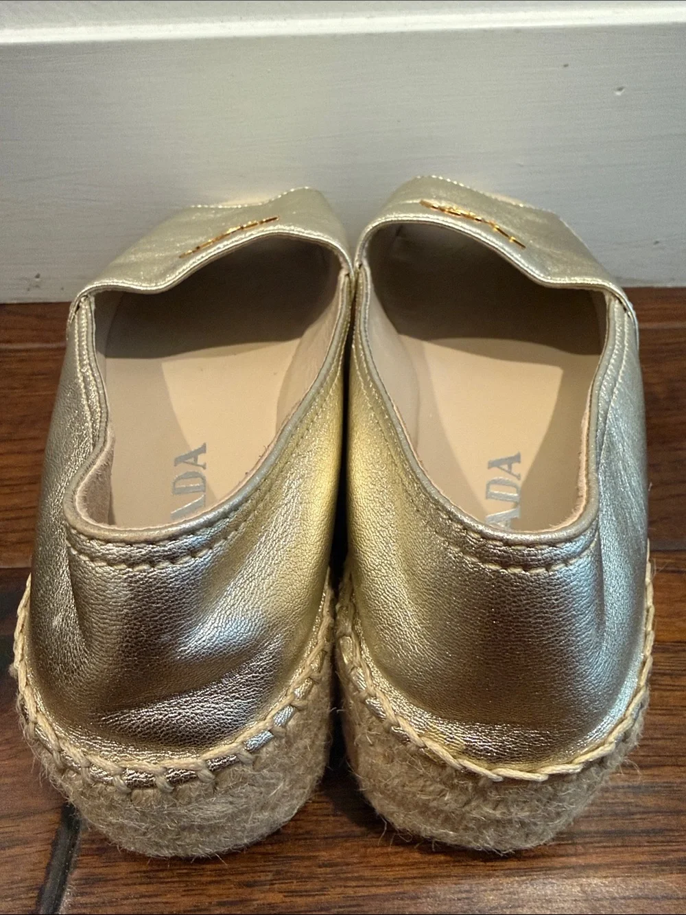 Prada Gold Leather Espadrille Platform Slides EU Size 37